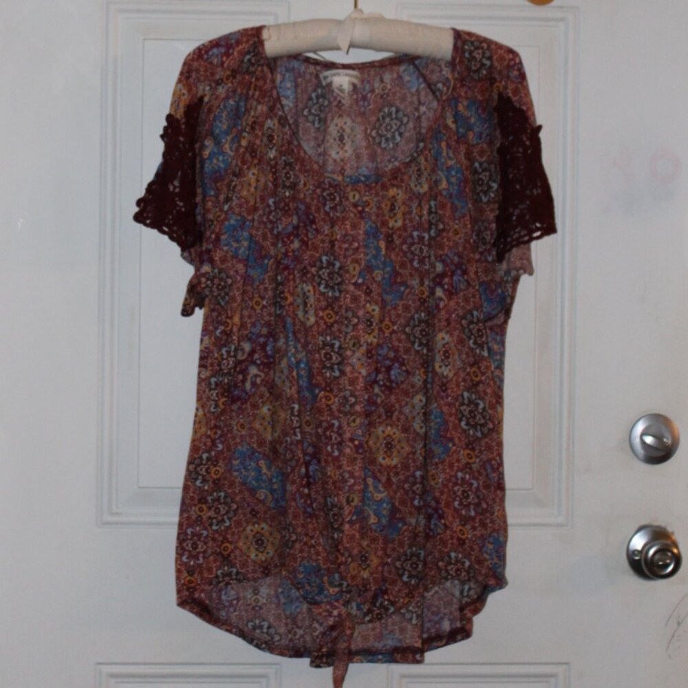 New York Laundry Multi Color Paisley Faux Button Crochet Sleeve Blouse Size 3X